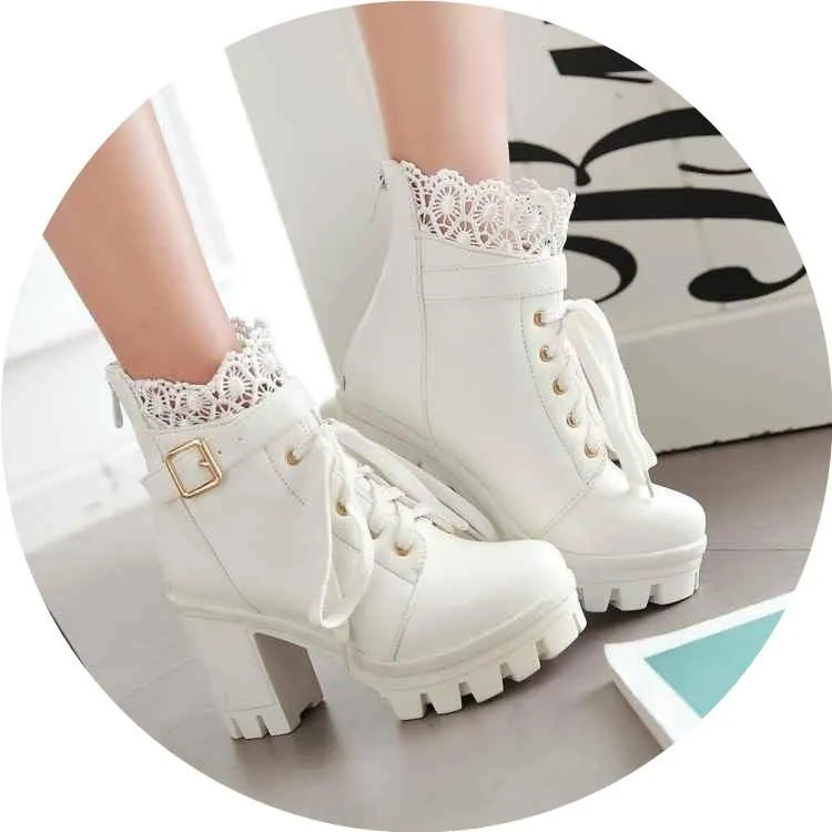 Ankle Strap Laces Chunky Heel England Style Lace Up Boots