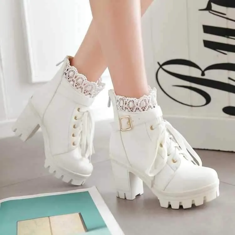 Ankle Strap Laces Chunky Heel England Style Lace Up Boots