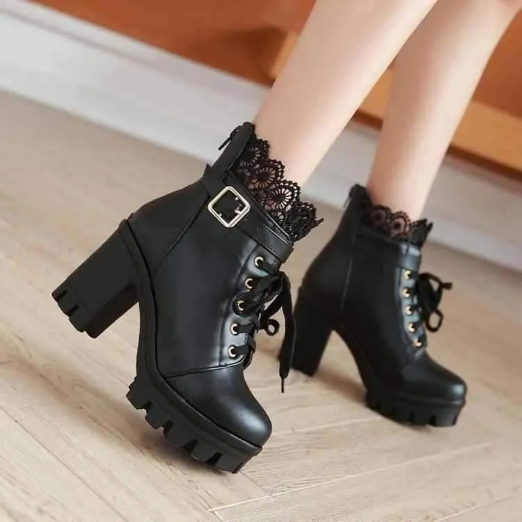 Ankle Strap Laces Chunky Heel England Style Lace Up Boots