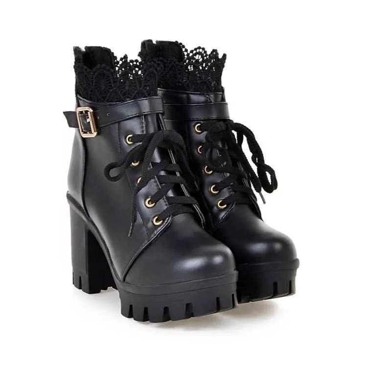 Ankle Strap Laces Chunky Heel England Style Lace Up Boots