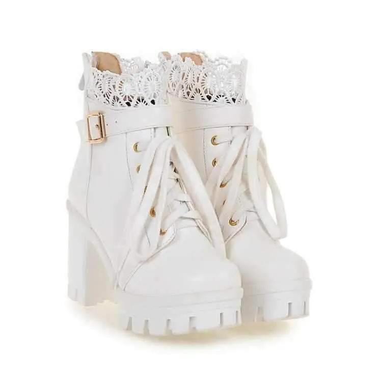 Ankle Strap Laces Chunky Heel England Style Lace Up Boots