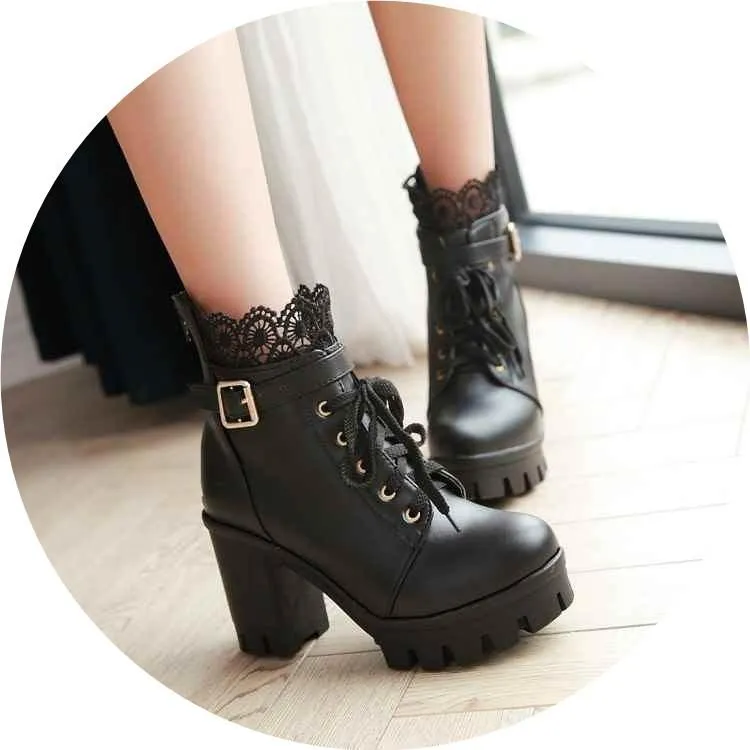 Ankle Strap Laces Chunky Heel England Style Lace Up Boots