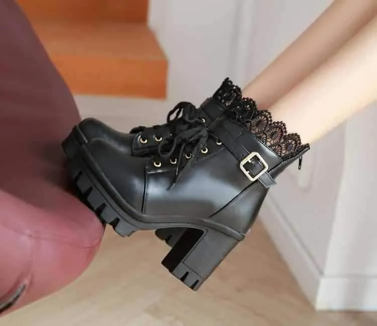 Ankle Strap Laces Chunky Heel England Style Lace Up Boots