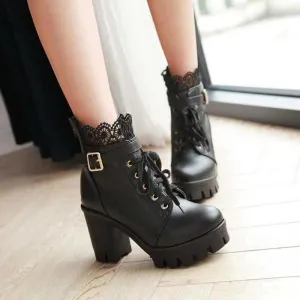 Ankle Strap Laces Chunky Heel England Style Lace Up Boots