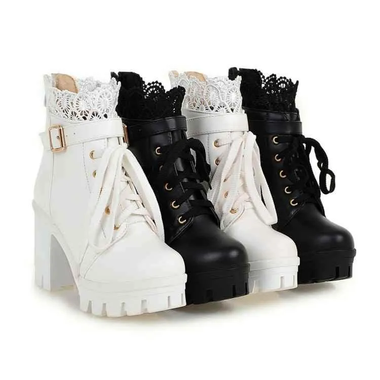 Ankle Strap Laces Chunky Heel England Style Lace Up Boots