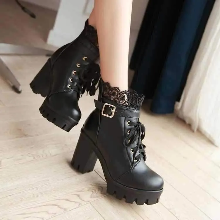 Ankle Strap Laces Chunky Heel England Style Lace Up Boots