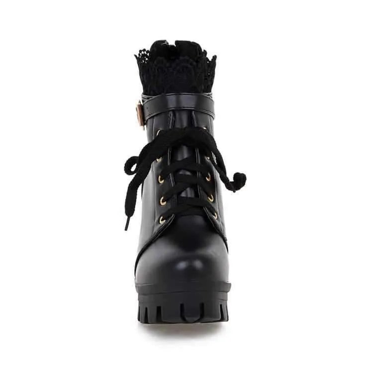 Ankle Strap Laces Chunky Heel England Style Lace Up Boots