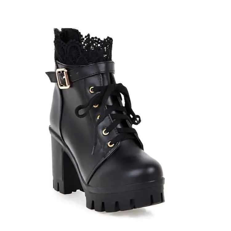 Ankle Strap Laces Chunky Heel England Style Lace Up Boots