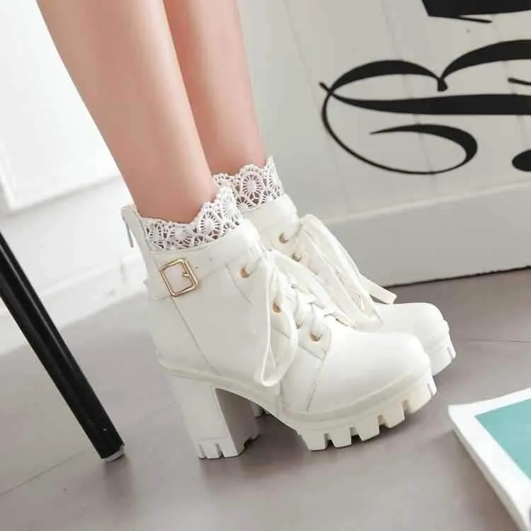 Ankle Strap Laces Chunky Heel England Style Lace Up Boots
