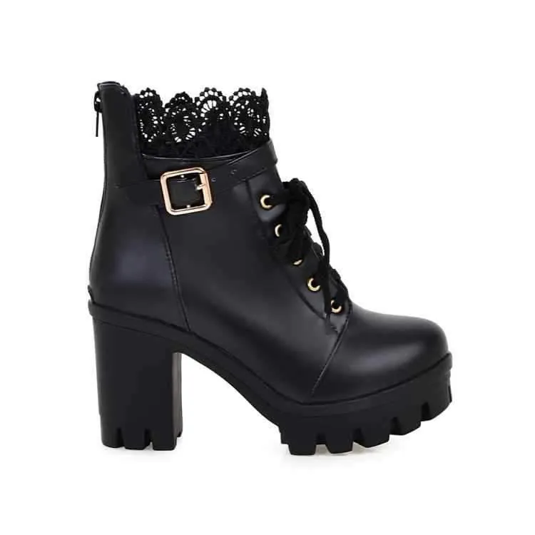 Ankle Strap Laces Chunky Heel England Style Lace Up Boots