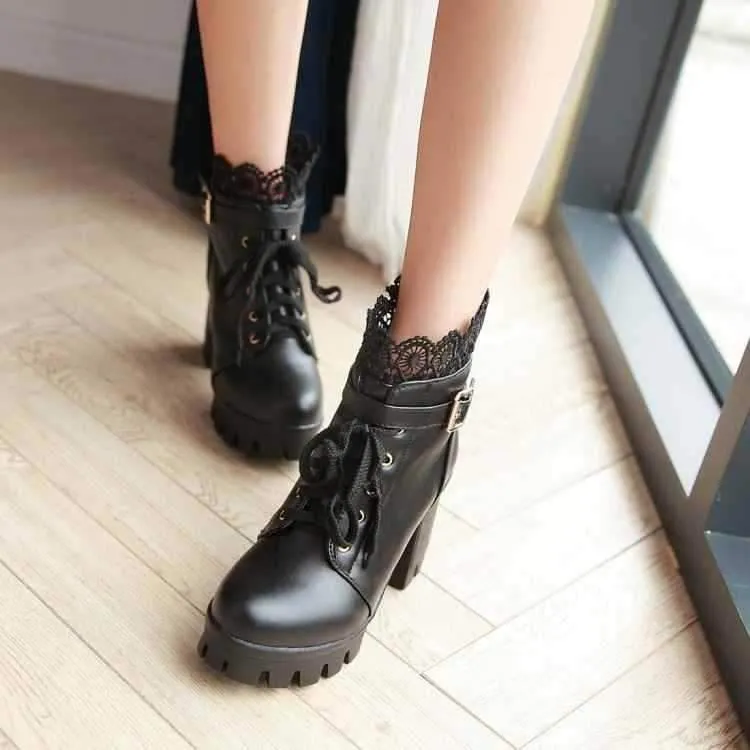Ankle Strap Laces Chunky Heel England Style Lace Up Boots