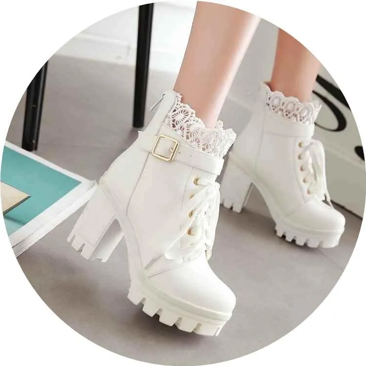 Ankle Strap Laces Chunky Heel England Style Lace Up Boots
