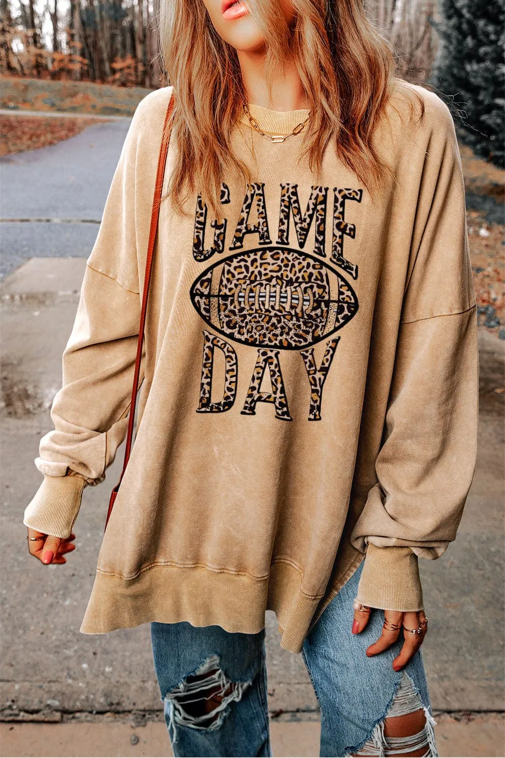 Beige Leopard Football Graphic Sweatshirt