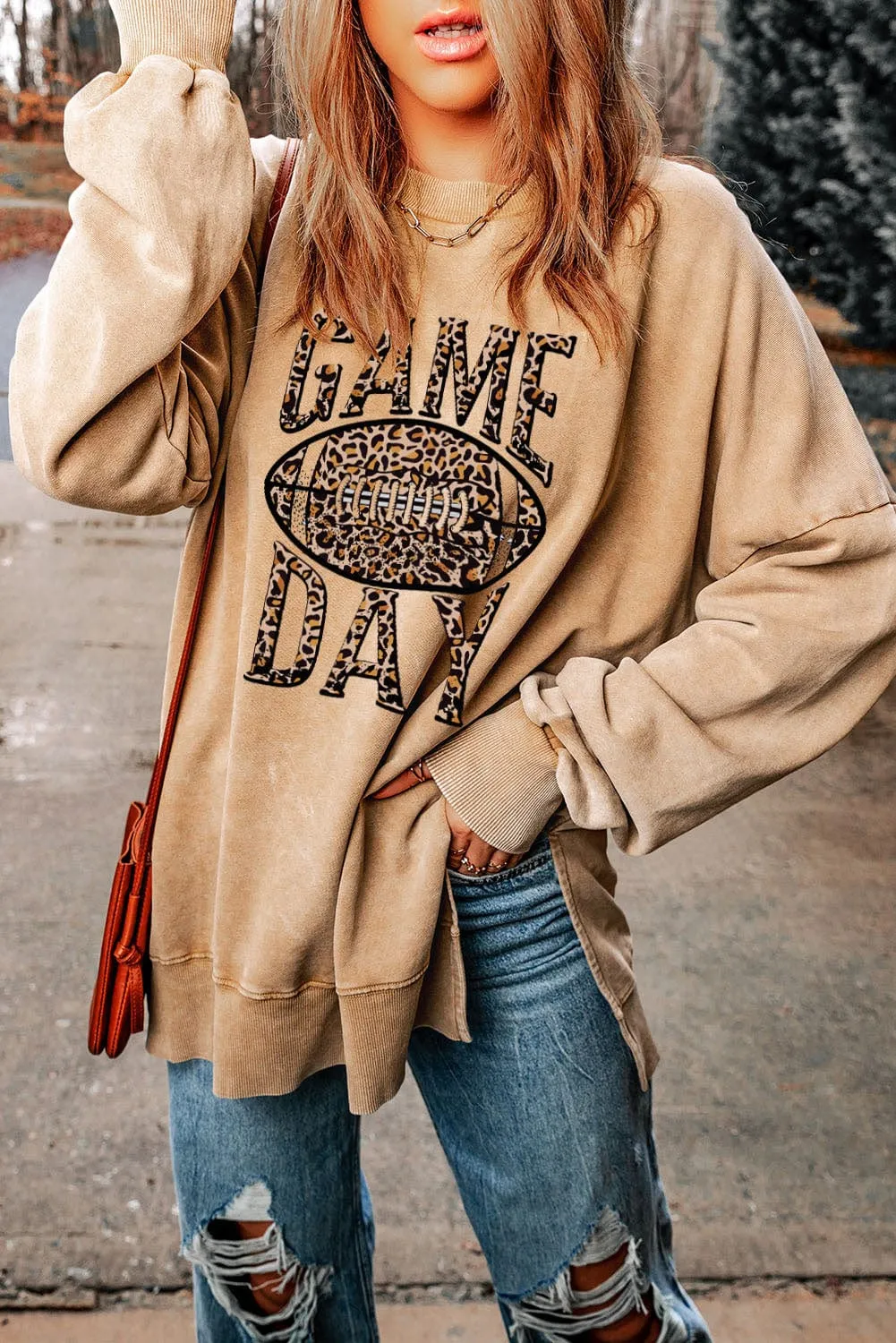 Beige Leopard Football Graphic Sweatshirt