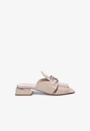 Choice Acrylic Emblem Crocodile Textured Leather Sandals Beige