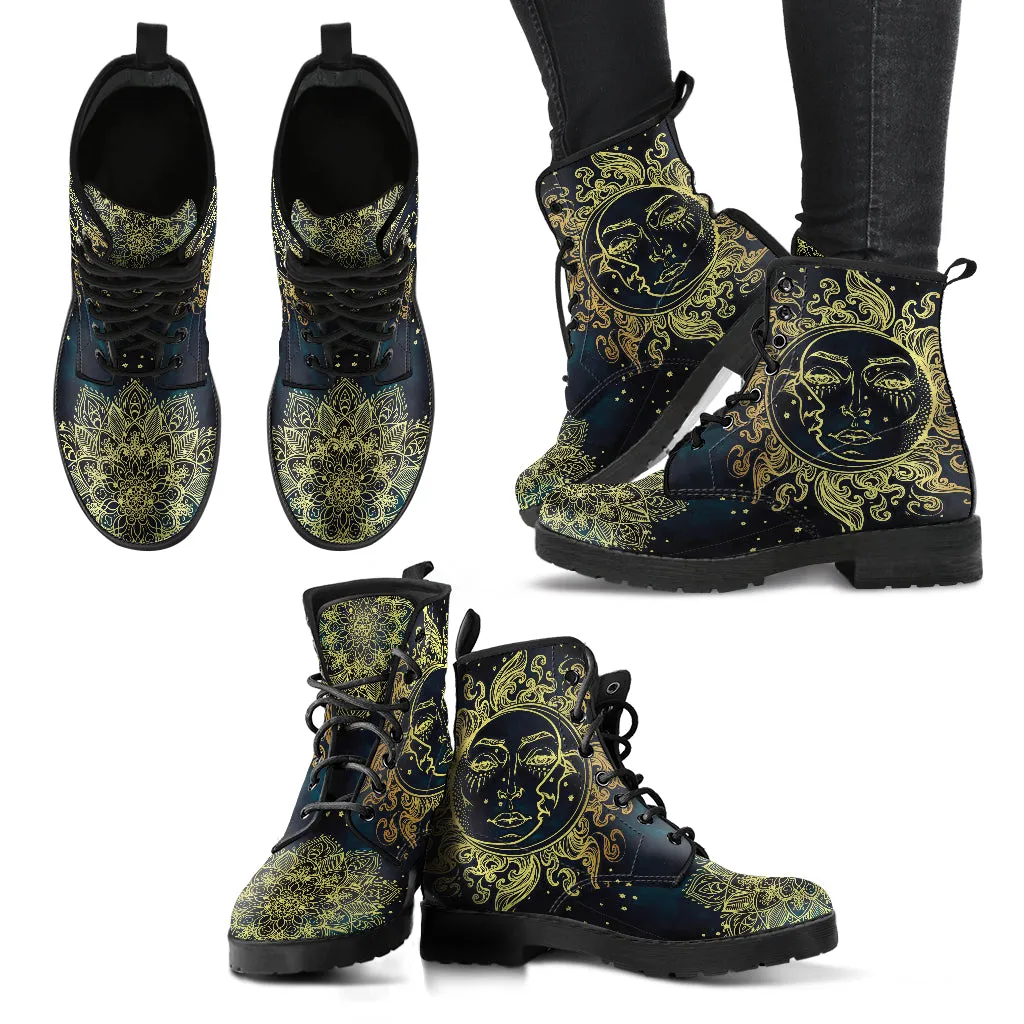 Combat Boots for Women - Sun and Moon, Celestial Aesthetic Custom Shoes, Cute 90s Winter Boots, Vegan Leather Lace Up