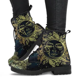 Combat Boots for Women - Sun and Moon, Celestial Aesthetic Custom Shoes, Cute 90s Winter Boots, Vegan Leather Lace Up