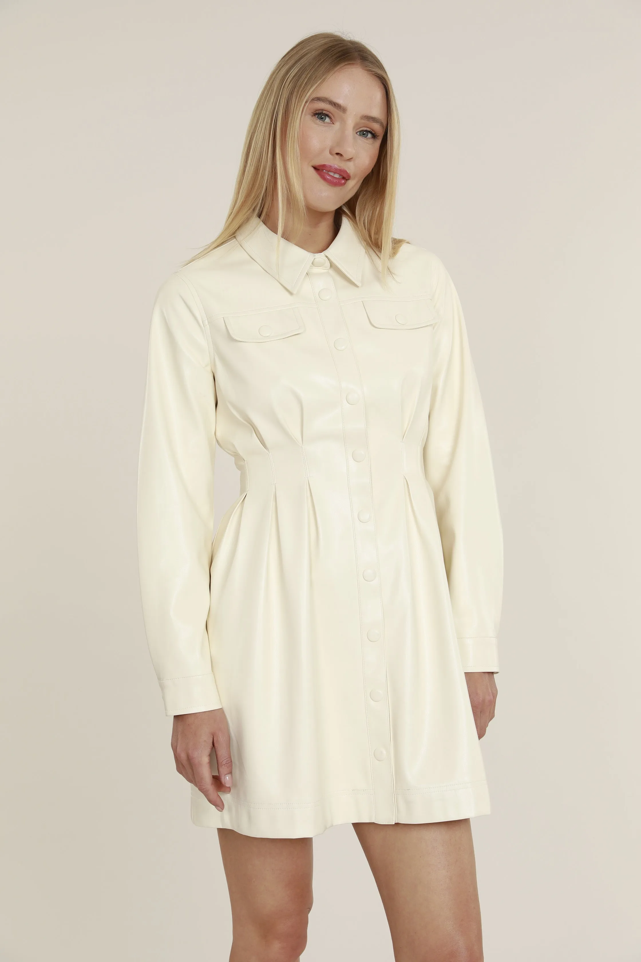Faux Leather Shirt Dress with Pintuck Waist