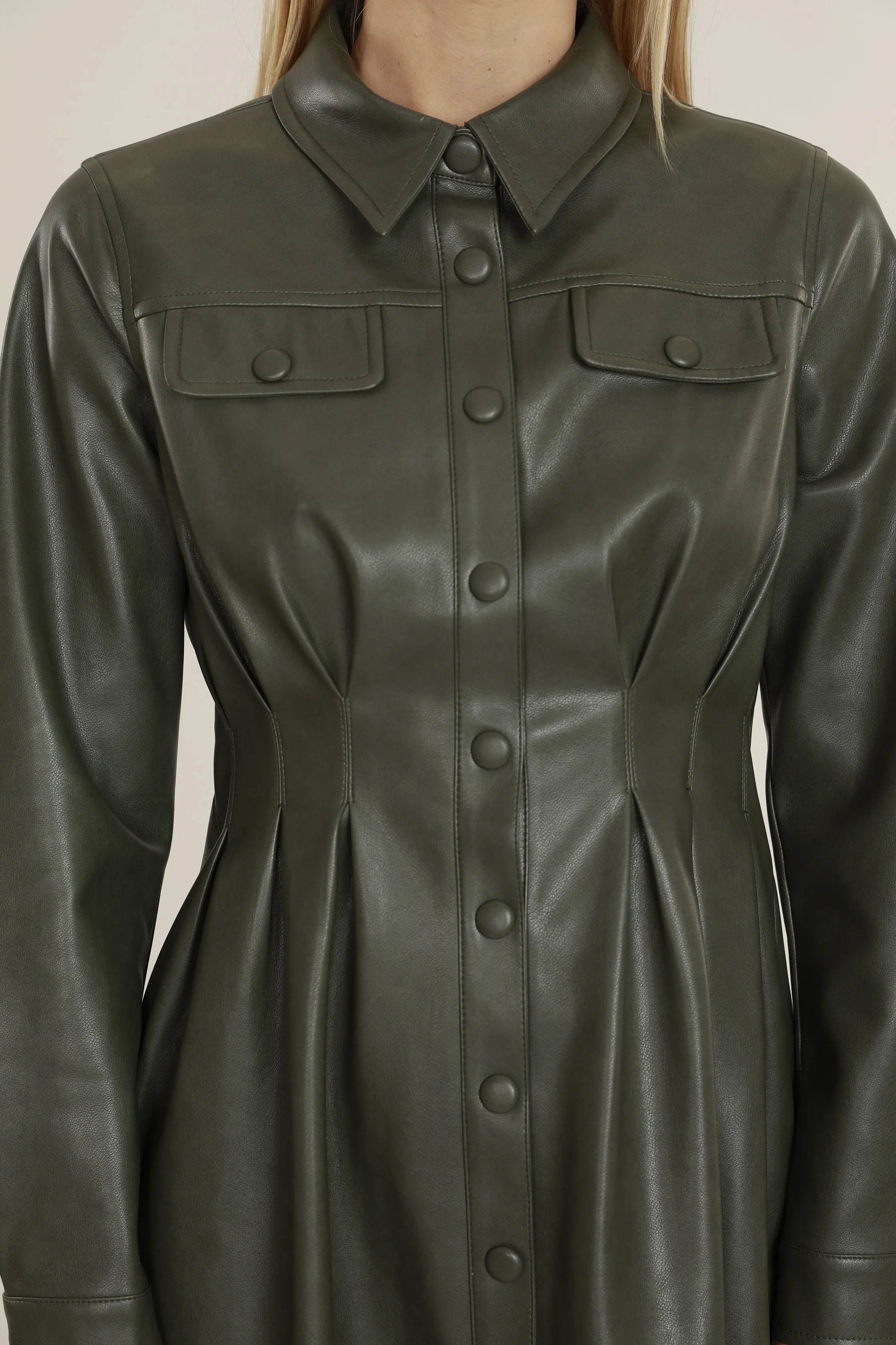 Faux Leather Shirt Dress with Pintuck Waist