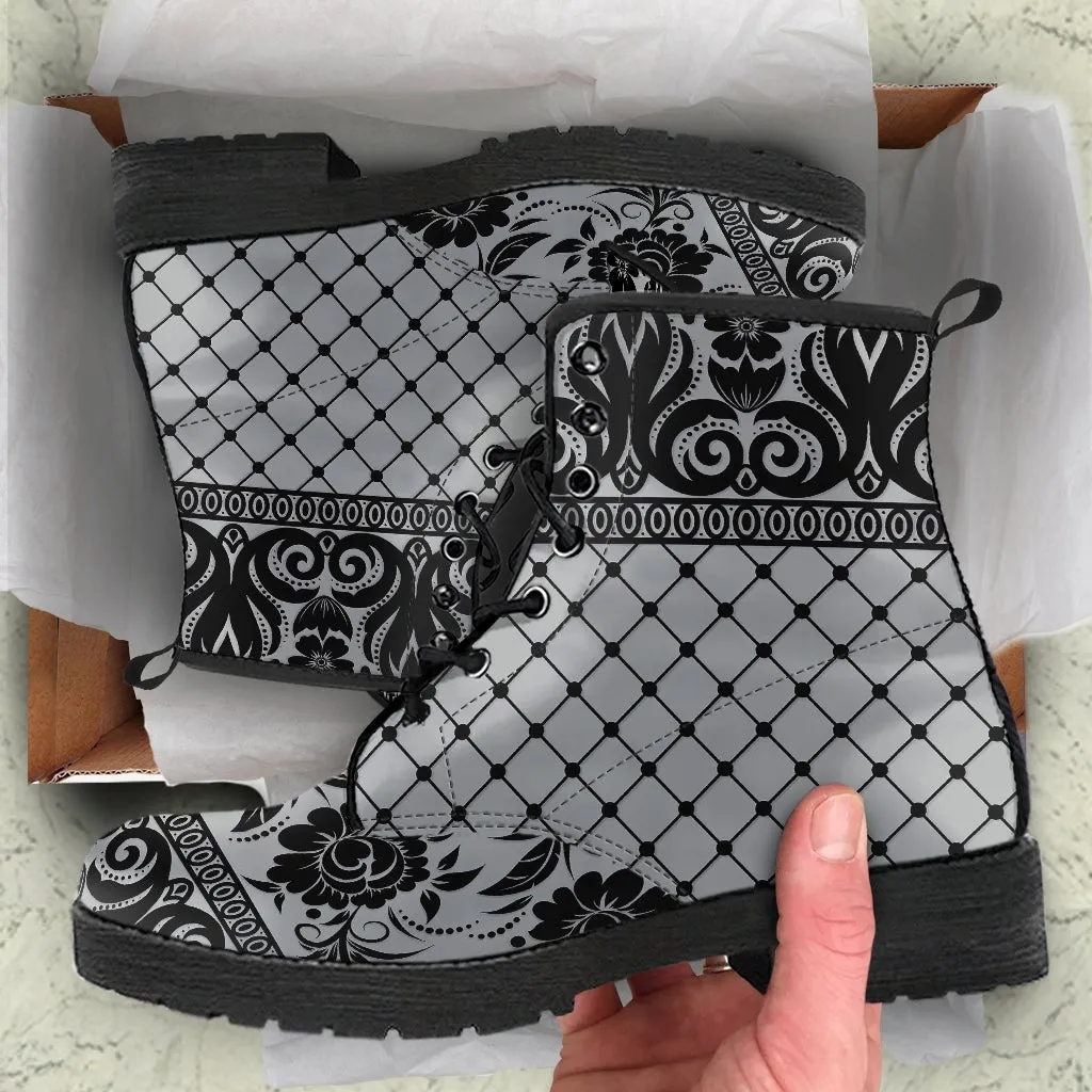 Gray Combat Boots-Gothic Lace Print 110