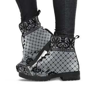 Gray Combat Boots-Gothic Lace Print 110