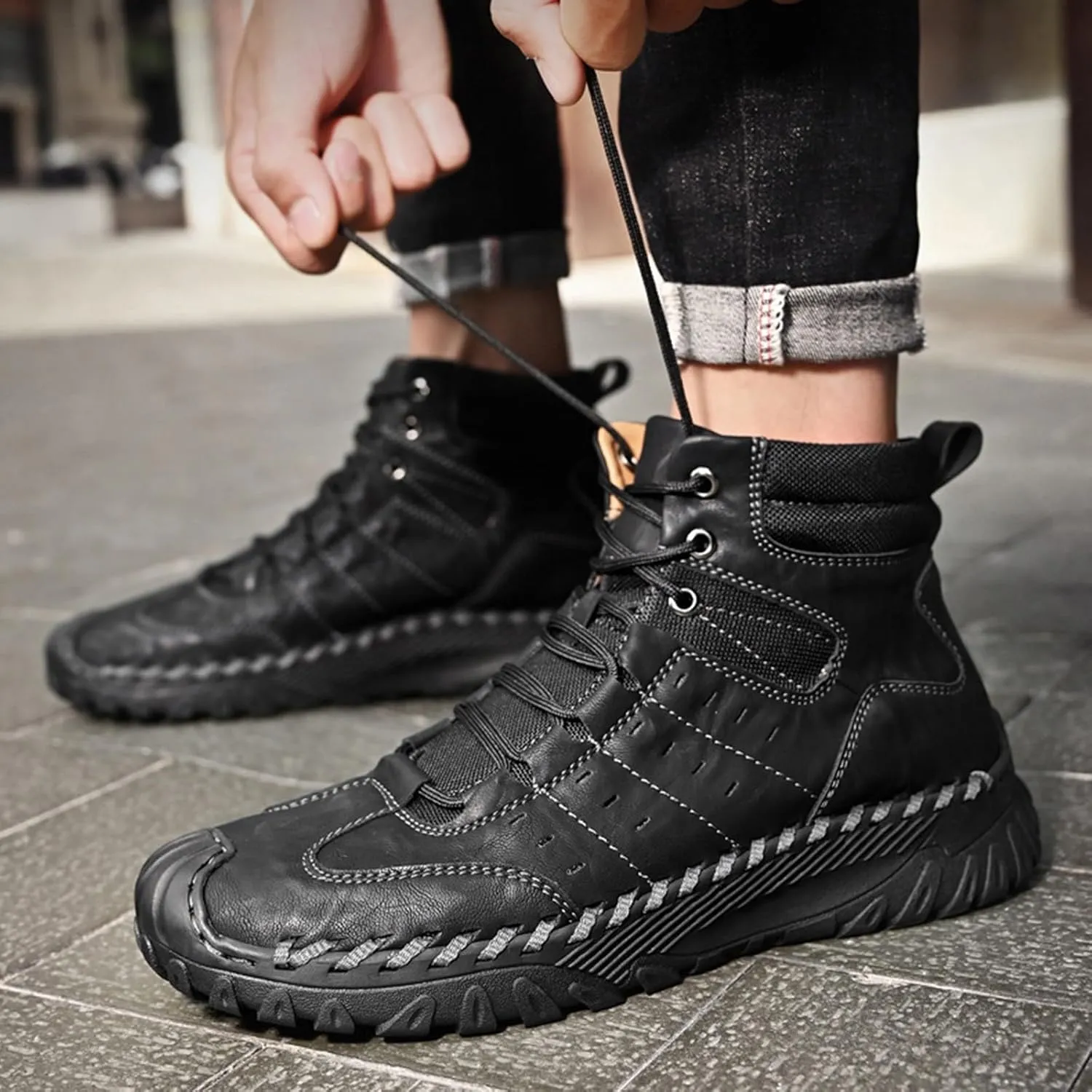 Men Work Boots Slip On Hiking Sneakers Warm Fur Lined Womens Safety Shoes Non Steel Toe Waterproof Outdoor Shoes Lightweight Hike Grounded Footwear
