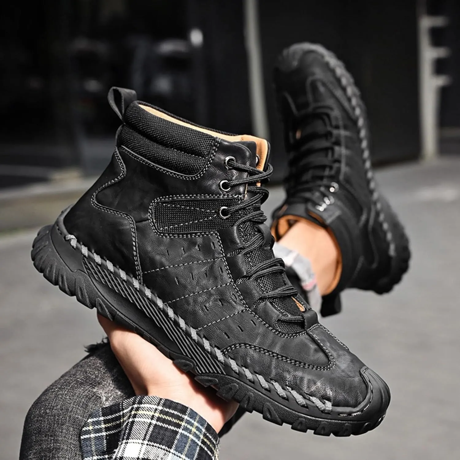 Men Work Boots Slip On Hiking Sneakers Warm Fur Lined Womens Safety Shoes Non Steel Toe Waterproof Outdoor Shoes Lightweight Hike Grounded Footwear