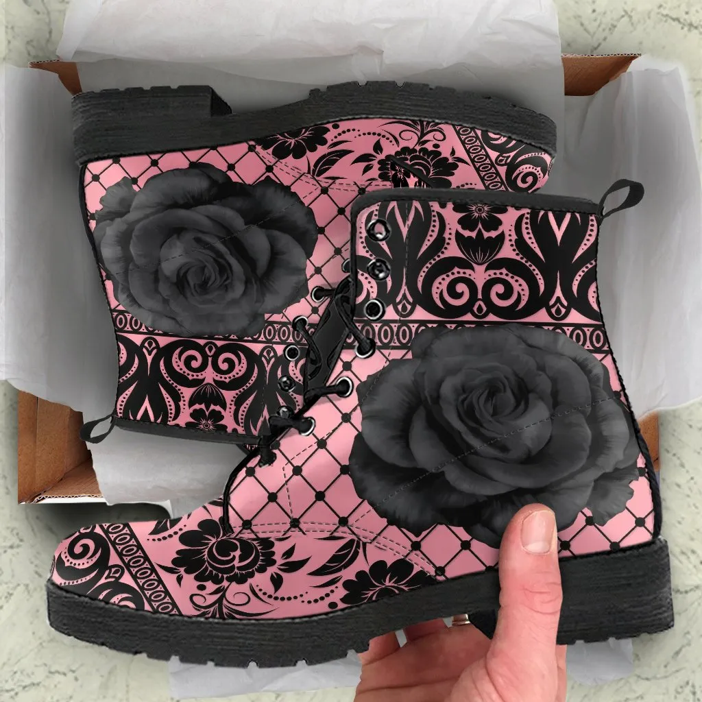 Pink Combat Boots-Gothic Lace Print 110 Roses