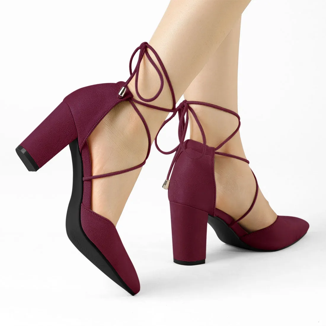 Pointed Toe Chunky Heel Lace Up Sandals Pumps