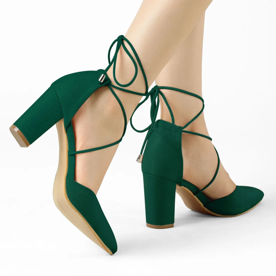 Pointed Toe Chunky Heel Lace Up Sandals Pumps