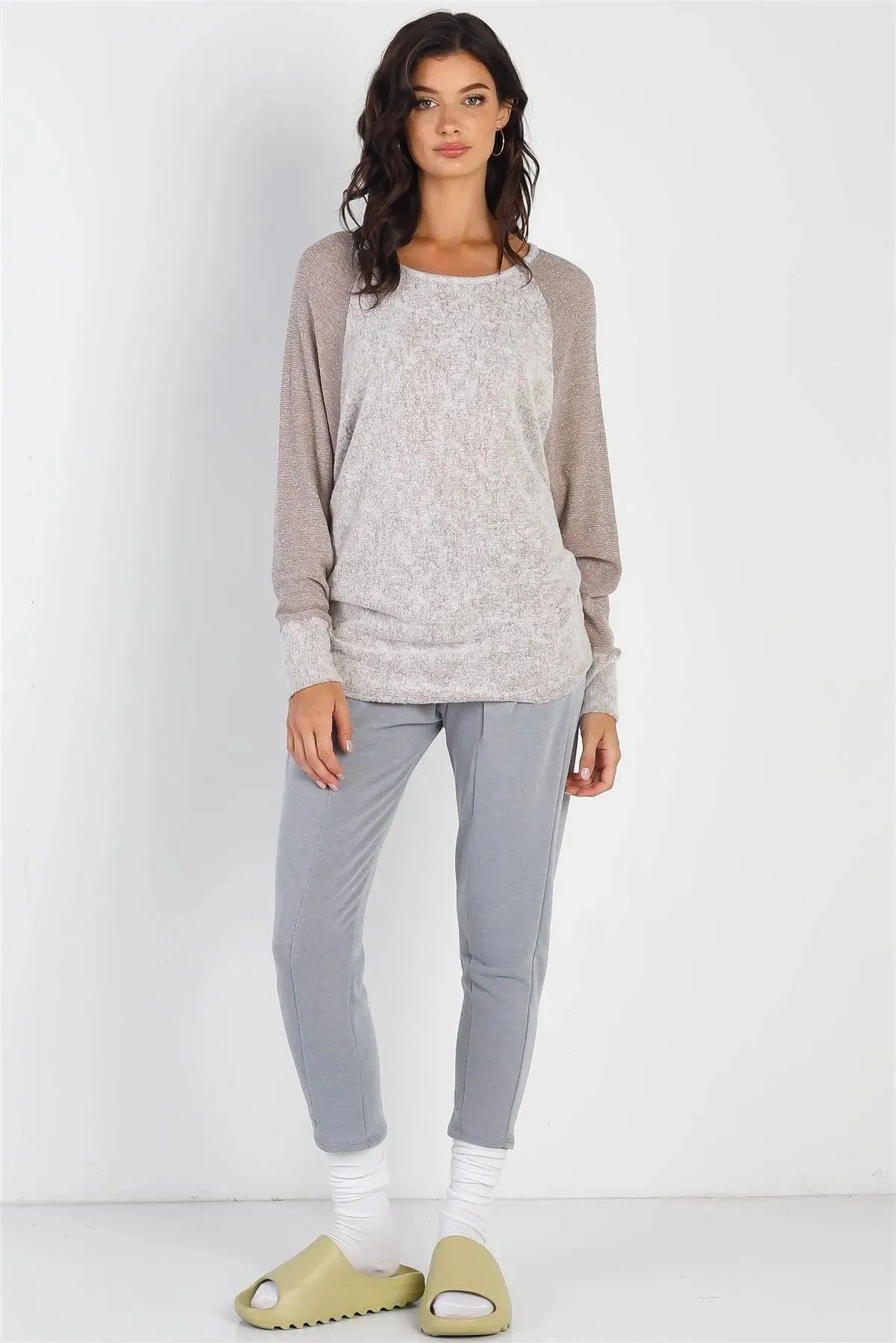 Taupe Round Neck Long Cuff Sleeve Top