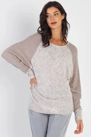 Taupe Round Neck Long Cuff Sleeve Top