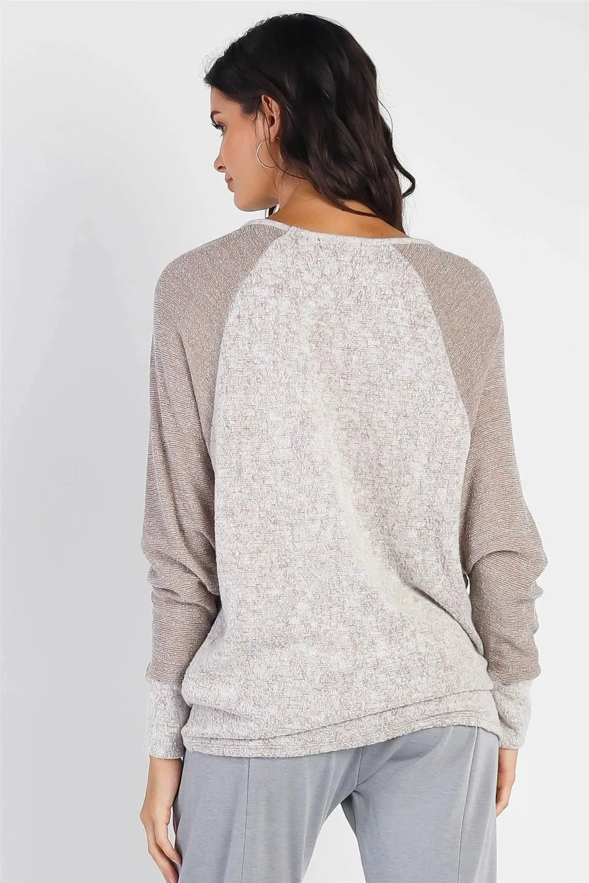 Taupe Round Neck Long Cuff Sleeve Top