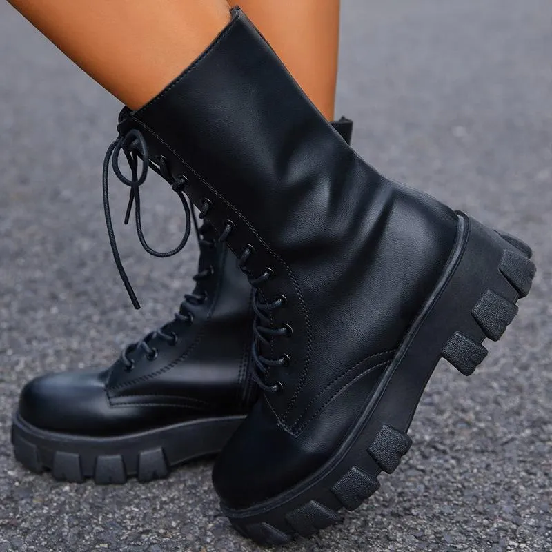 Women's chunky platform lace-up boots round toe mid calf combat boots